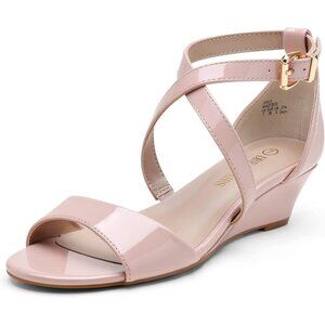 Women's Cream Low Wedge Ankle Open Toe Strap Soft Faux Heel Sandals Shoes